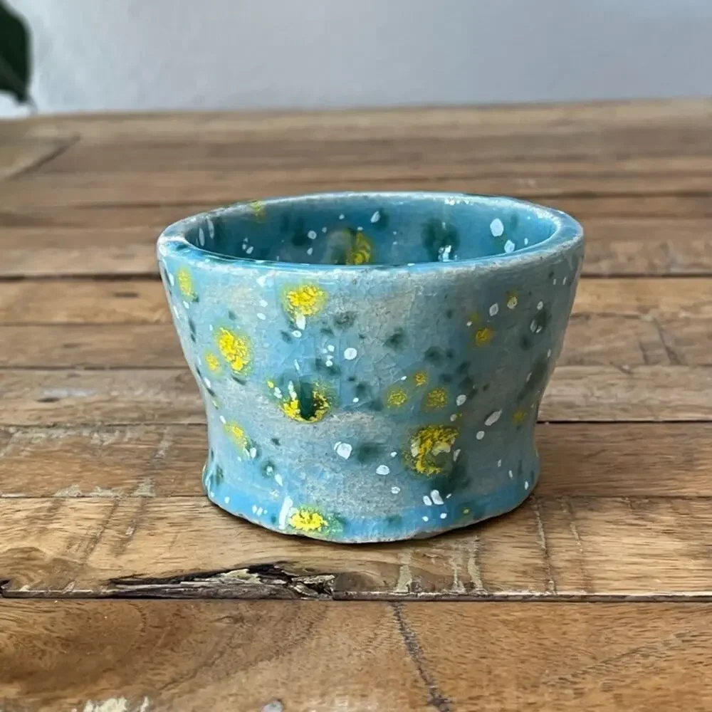 Handmade Clay Pottery Bowl Blue Yellow Speckled Crackle Glaze Artist Signed